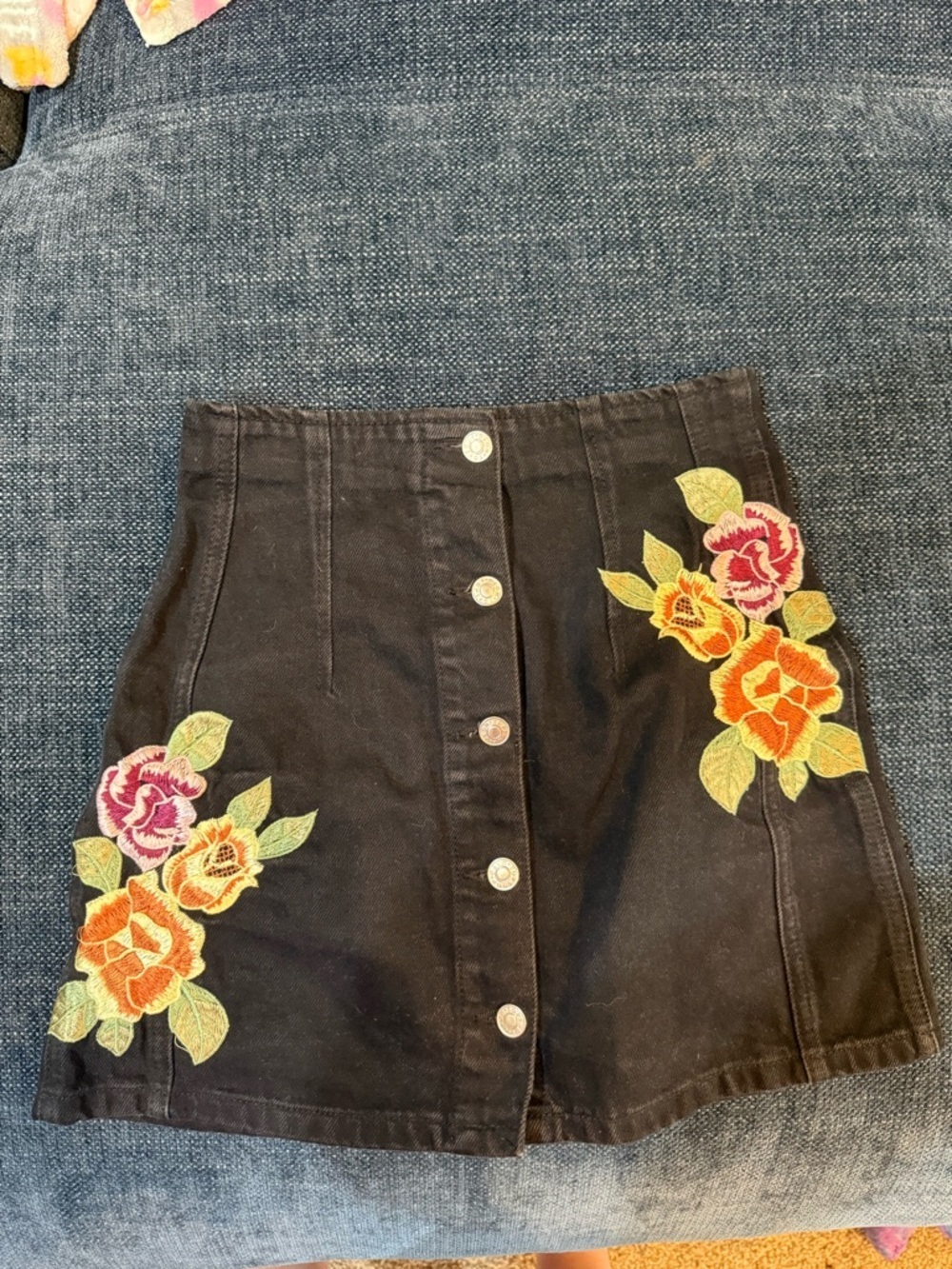 Topshop Black A-Line Skirt with Orange and Pink Floral Embroidery